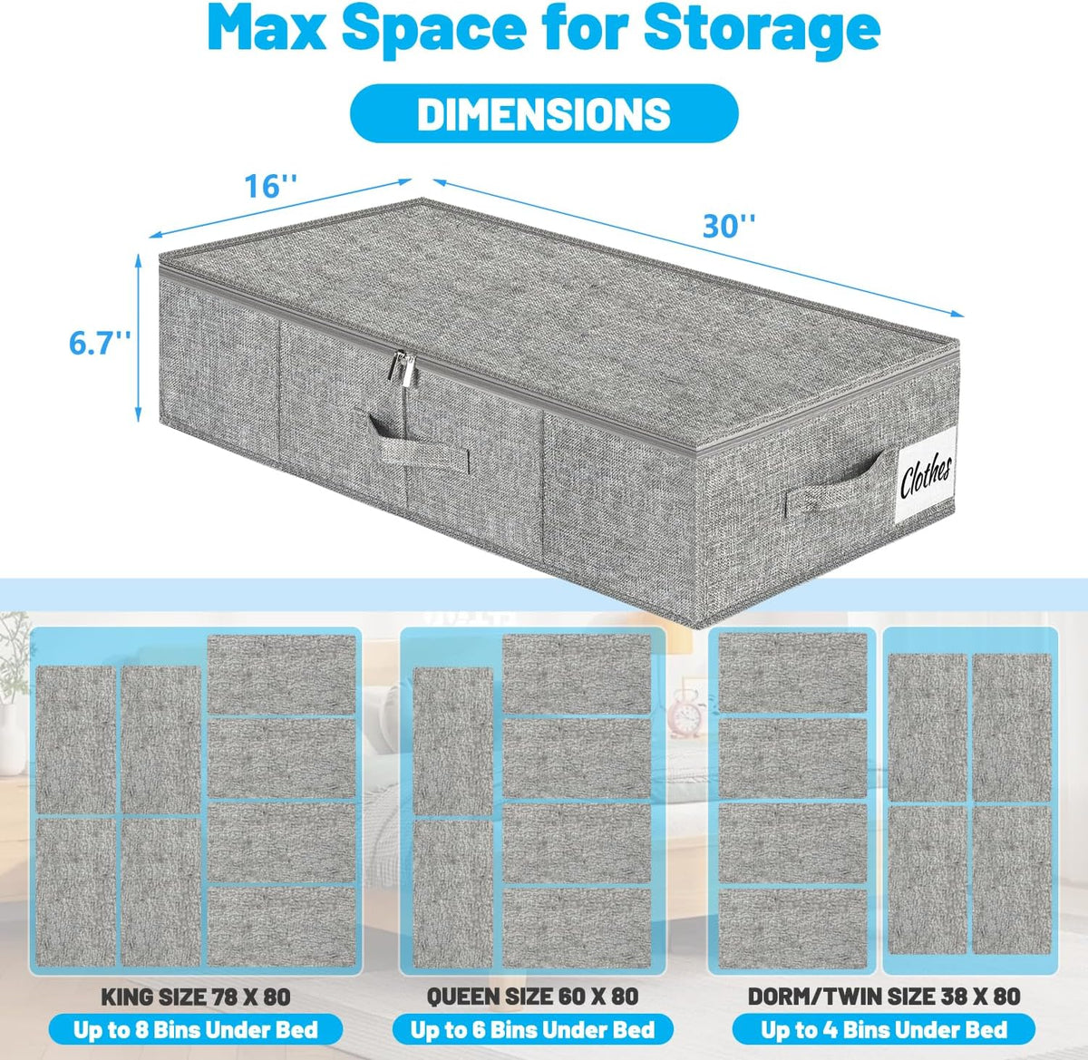 Under Bed Storage Container Bin 3 Pack, Low Profile Foldable Underbed Clothes Storage Organizer W/