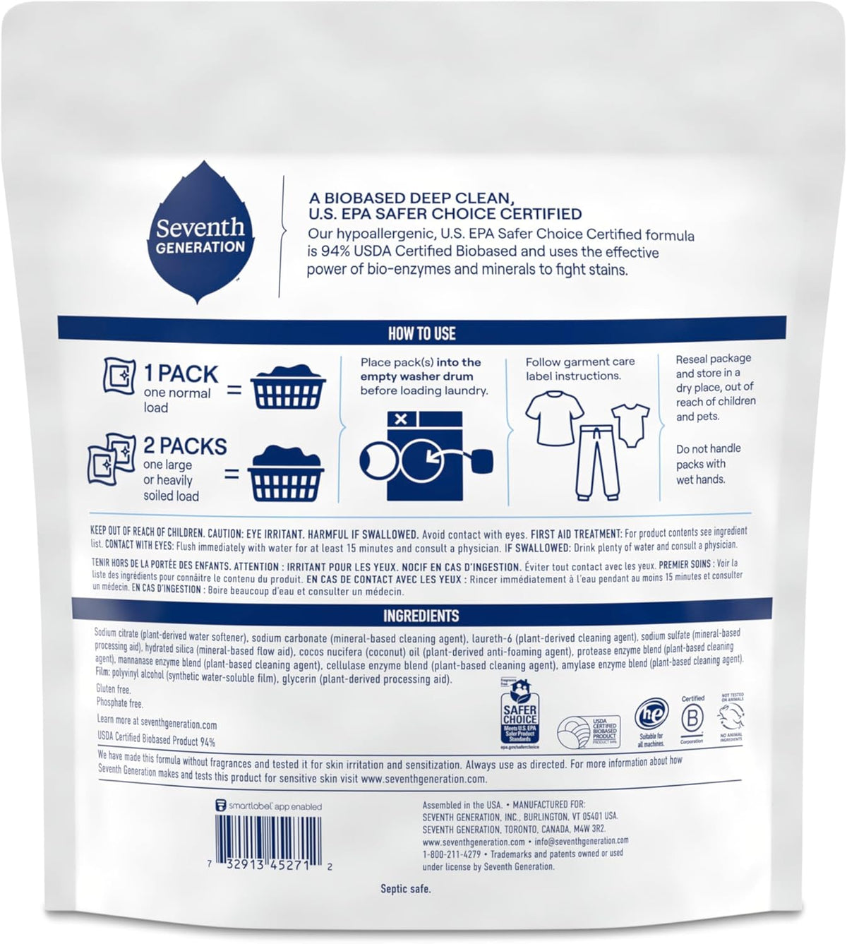 Seventh Generation Laundry Detergent Packs, Free & Clear, Made for Sensitive Skin, EPA Safer Choice