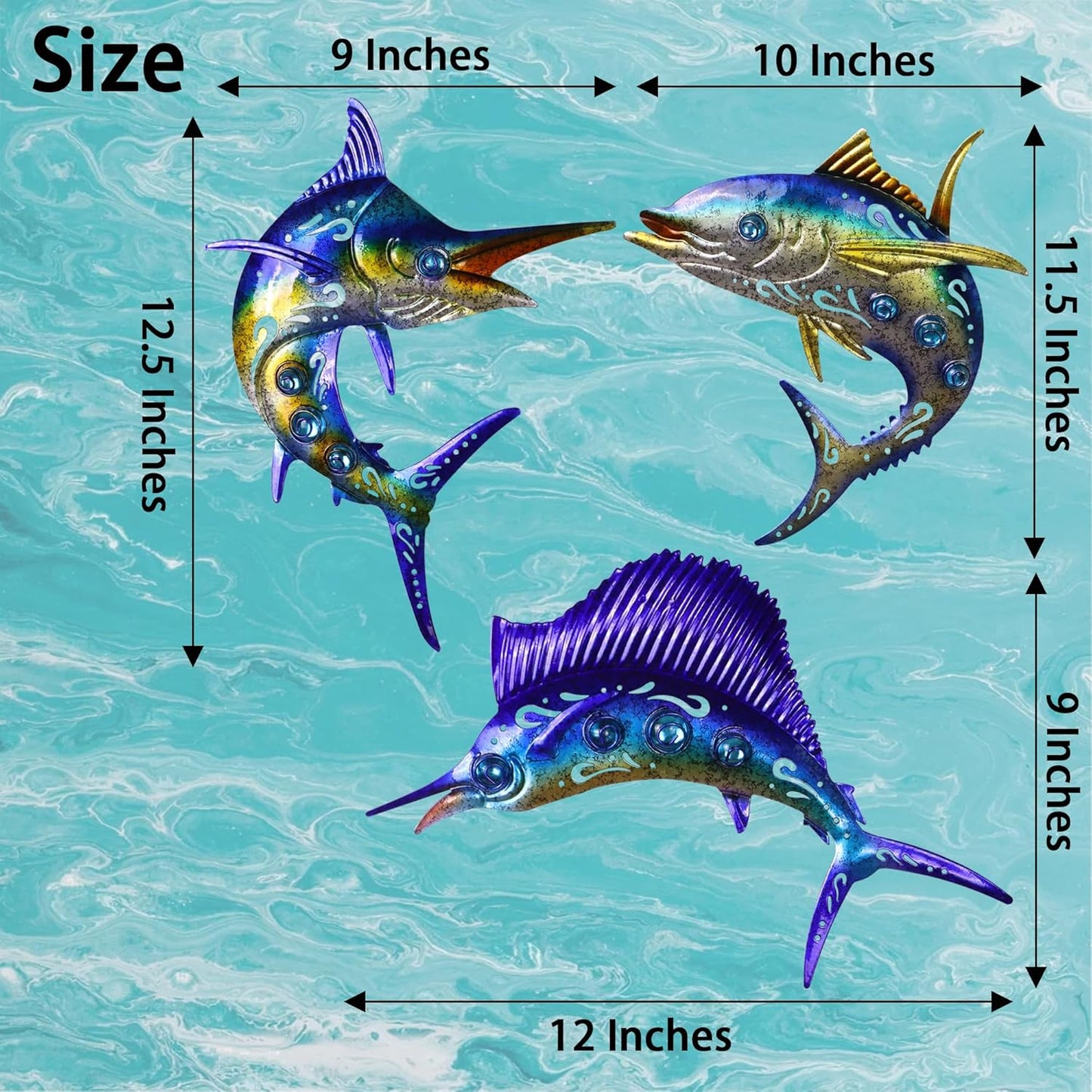 Metal Fish Wall Art Decor, 3-Piece Marlin Tuna Swordfish Set, Blue and Gold Tropical Ocean Theme