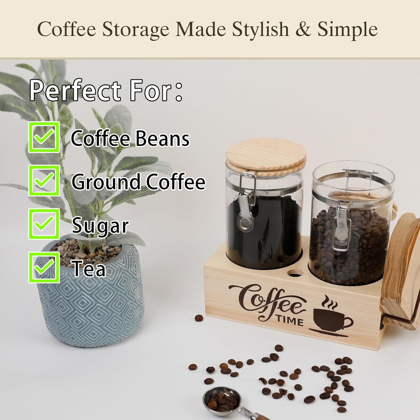 Glass Coffee Canister Set with Shelf & Spoon 2 Piece Coffee Containers for Coffee Bean Storage