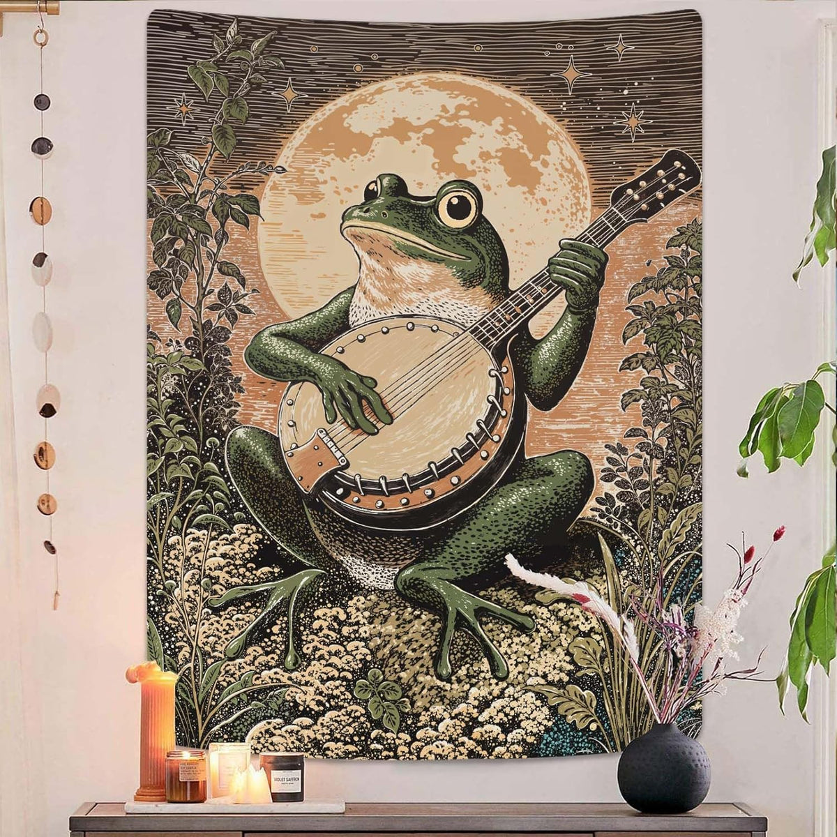 Lunerfex Moonlit Banjo Frog Wall Tapestry, Whimsical Amphibian Musician Tapestries for Room Decor