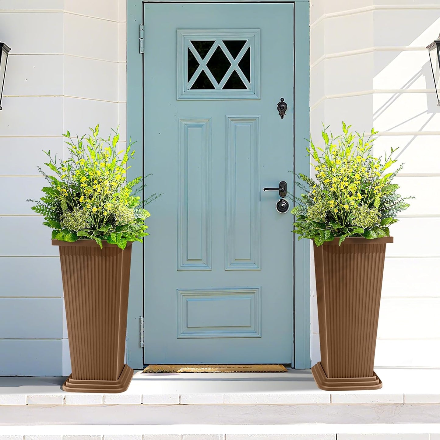 FENCY Set of 2 Tall Planters for Outdoor Plants, 24 Inch Large Tapered Pots with Drainage Trays