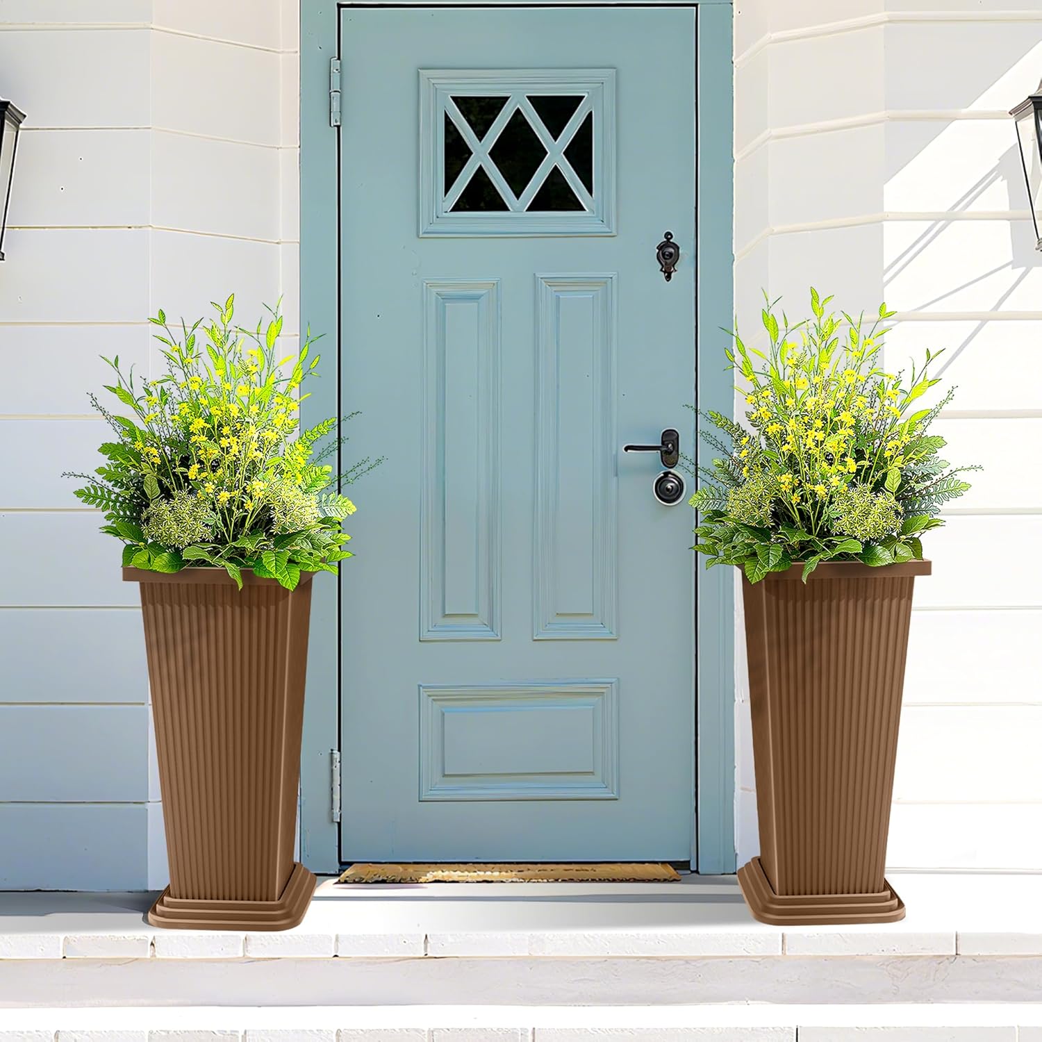 FENCY Set of 2 Tall Planters for Outdoor Plants, 24 Inch Large Tapered Pots with Drainage Trays