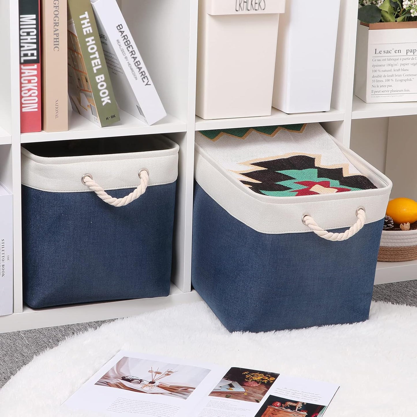 Bidtakay Fabric Storage Baskets with Handles for Organizing 16" x 11.8" x 11.8" Navy Blue Baskets