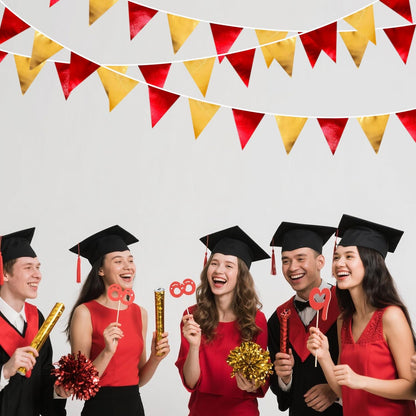 Red Gold Party Decorations Metallic Fabric Triangle Pennant Banner Flag Bunting Garland for