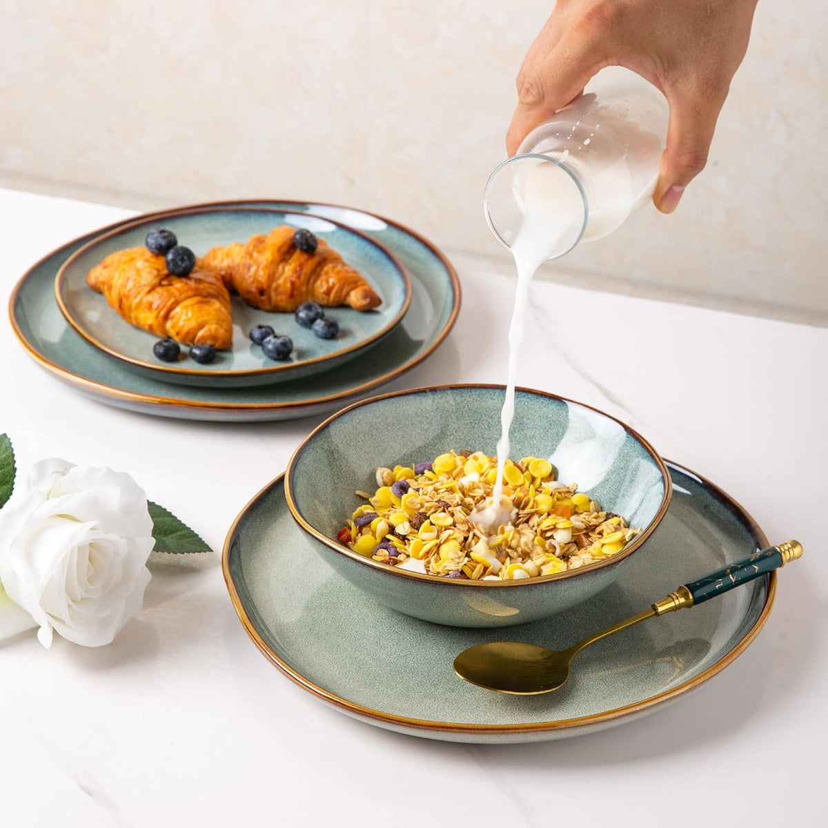 AmorArc Ceramic Dinnerware Sets,Handmade Reactive Glaze Stoneware Plates and Bowls Sets,Highly