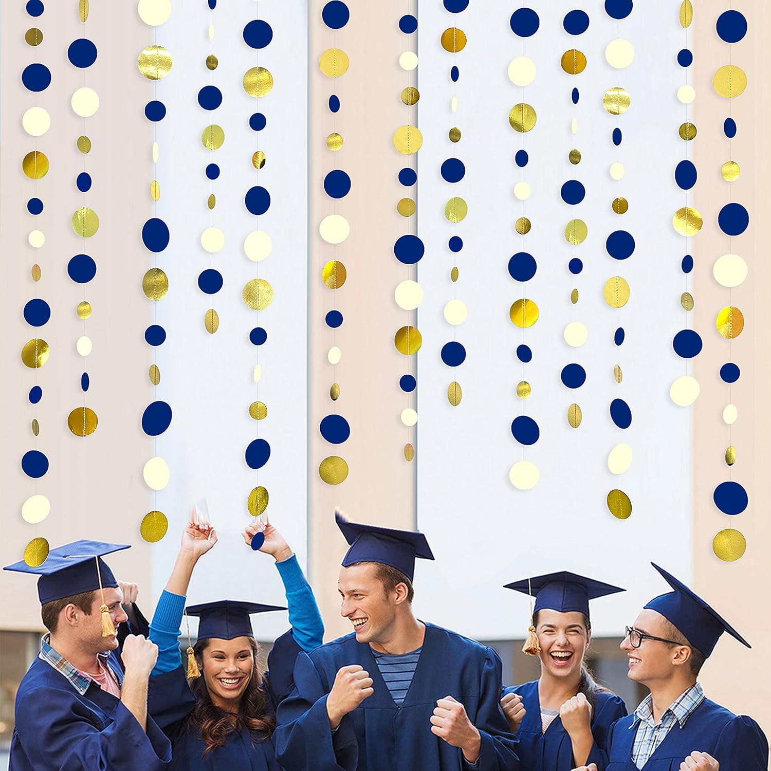 46 Ft Navy Blue and Gold Circle Dots Garland Royal Blue Hanging Paper Polka Dot Streamer for