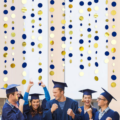 46 Ft Navy Blue and Gold Circle Dots Garland Royal Blue Hanging Paper Polka Dot Streamer for