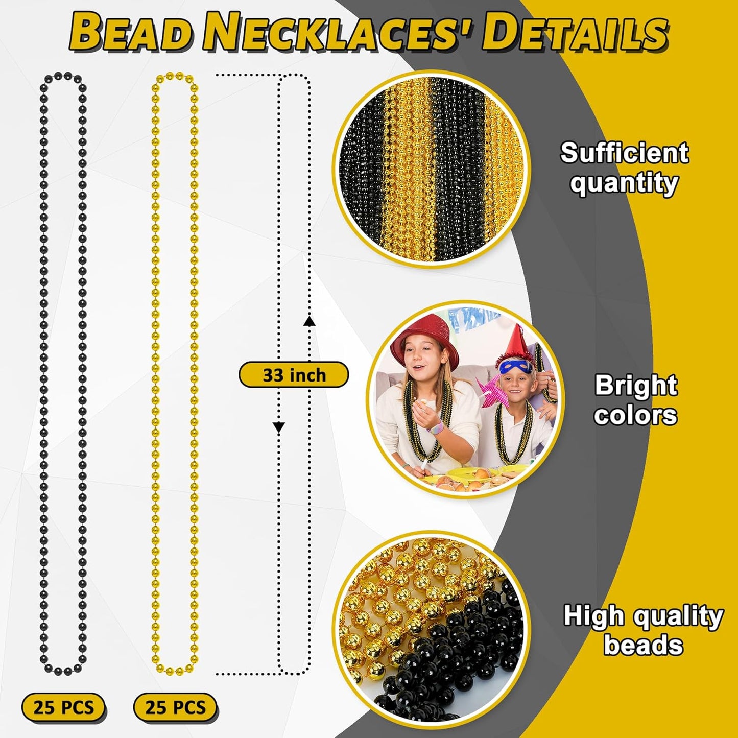 50PCS New Years Eve Bead Party Supplies, Black Gold Bead Necklace, 33" New Years Eve Beaded