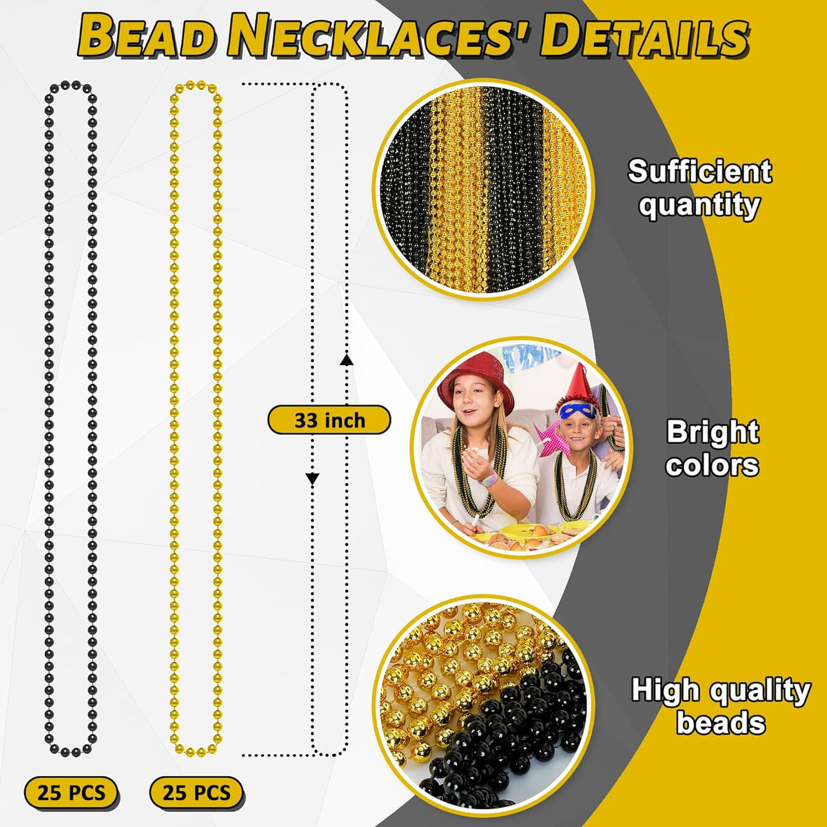 50PCS New Years Eve Bead Party Supplies, Black Gold Bead Necklace, 33" New Years Eve Beaded