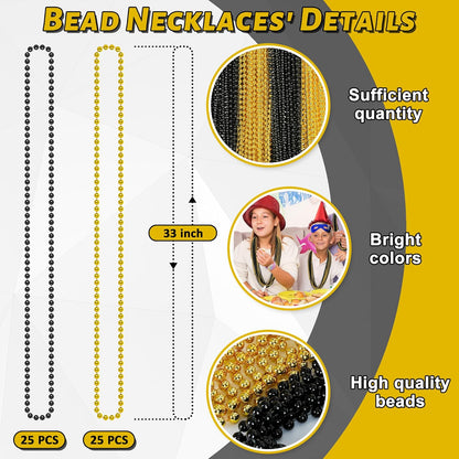 50PCS New Years Eve Bead Party Supplies, Black Gold Bead Necklace, 33" New Years Eve Beaded