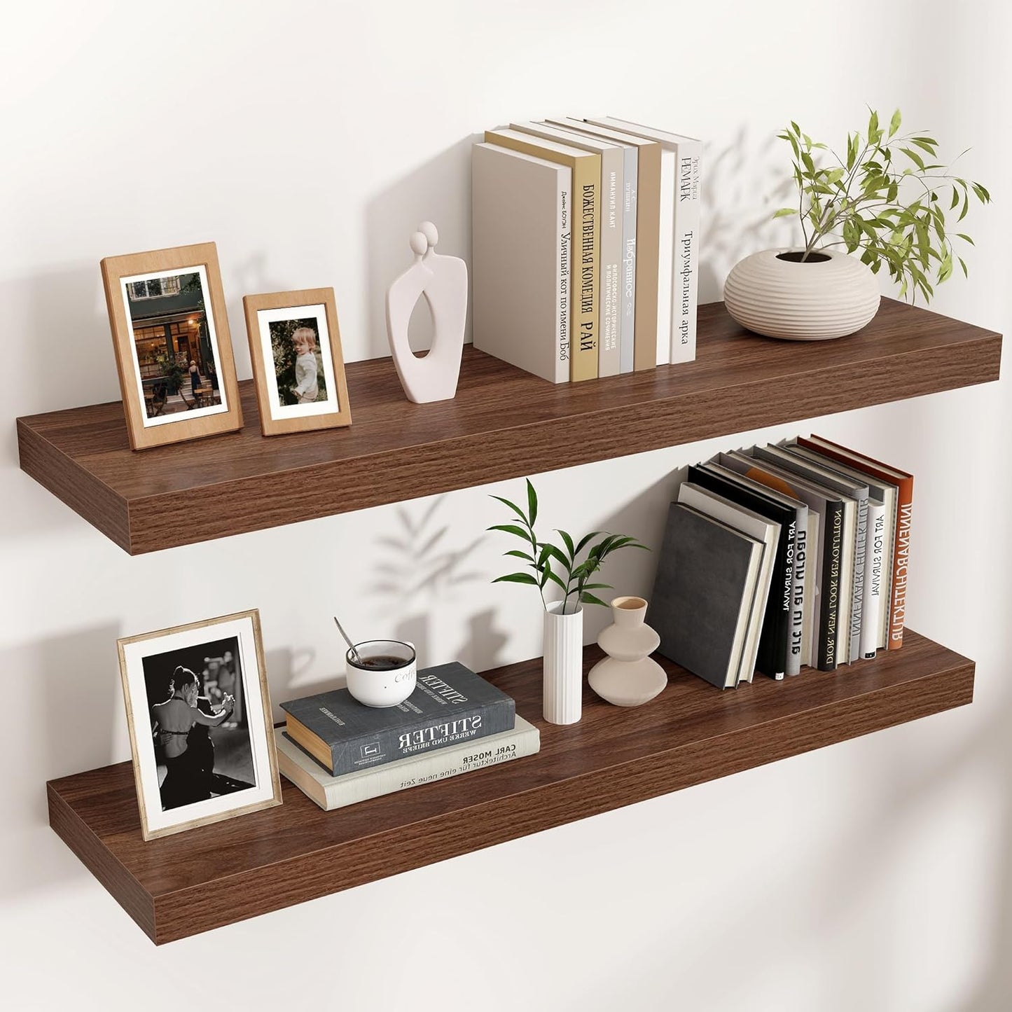 Floating Shelves - 2 Large Wall Mounted Shelves with Invisible Brackets, Long Walnut Wood Floating