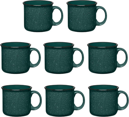Set of 8 Ceramic Campfire Mugs – 15 Oz, Green – Coffee & Tea Cups for Home, Work, Travel, Camping
