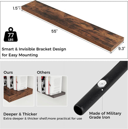 Floating Shelves for Wall, Large Wall Mounted Shelves with Invisible Brackets, Long Wood Floating