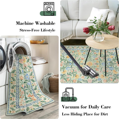 Wonnitar Washable Floral 6x9 Rug, Soft Green Area Rug Boho Non Slip Dining Room Carpet