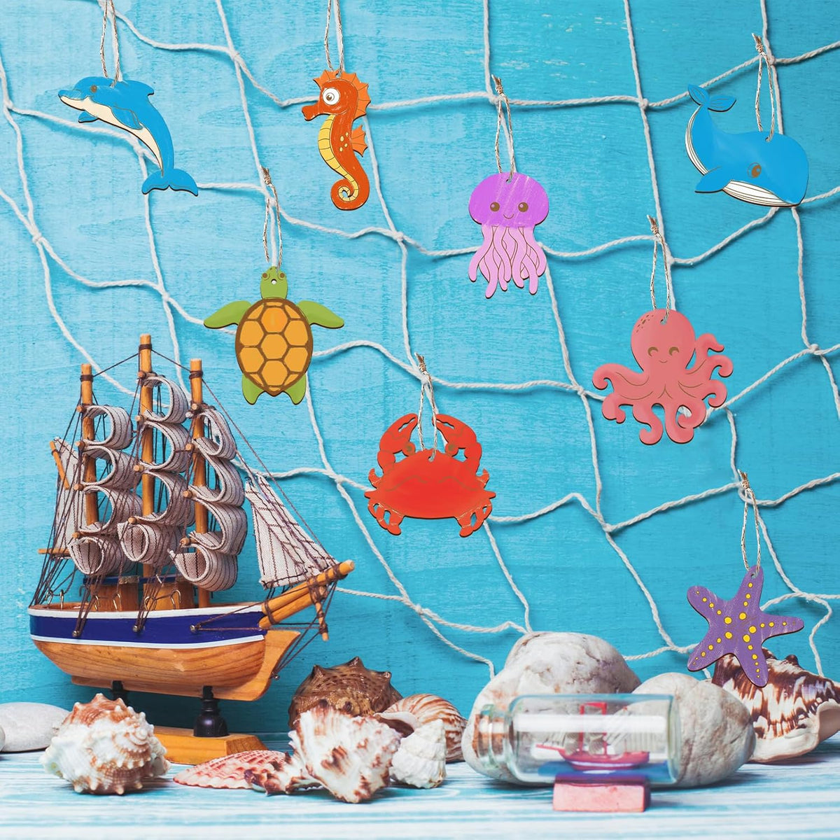 80PCS Wooden Sea Ornaments to Paint, 10 Styles DIY Blank Unfinished Wood Ocean Whale Seahorse