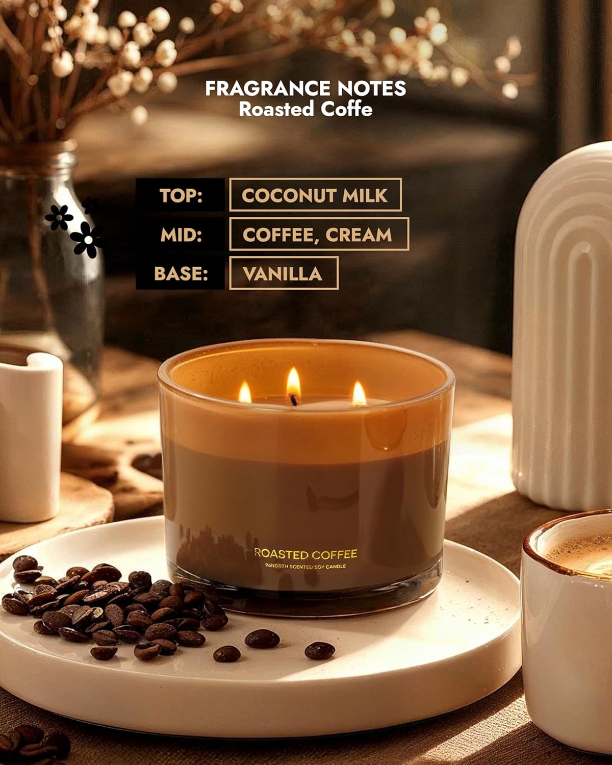 96NORTH Luxury Coffee Soy Candle | Large 3 Wick Jar Candle | Up to 40 Hours Burning Time | 100%