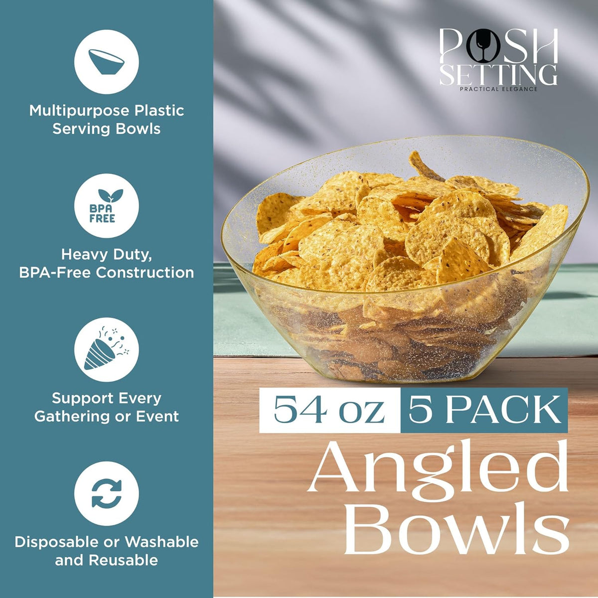 Posh Setting - Gold Plastic Serving Bowls for Party - Angled, Disposable, Chip & Candy Bowls - 54