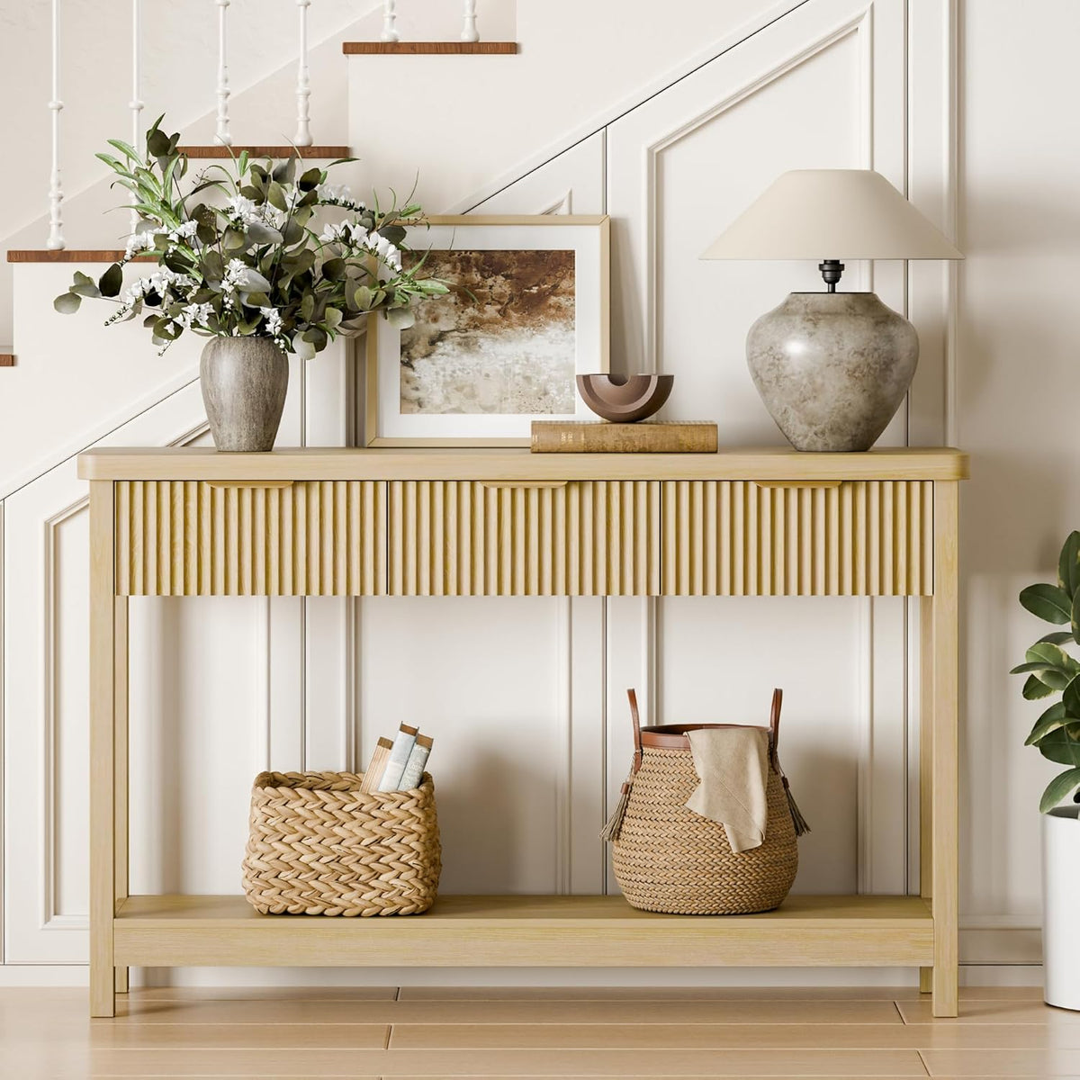 Lulive 51" Fluted Console Table for Entryway, Entryway Table with 3 Wooden Drawers, Farmhouse