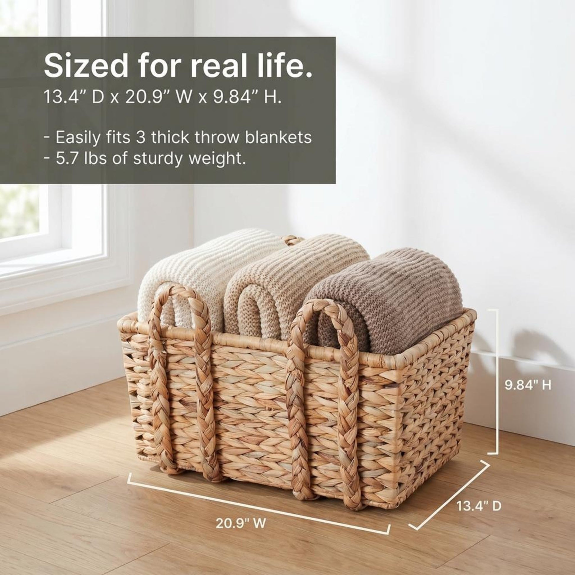 Household Essentials Large Rectangular Floor Storage Basket with Braided Handles, Light Brown