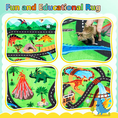 Kids Rug, Car Carpet for Kids' Toy Cars, 4x6 Ft Dinosaur Rug, Dino Safari Road Mat for Playroom