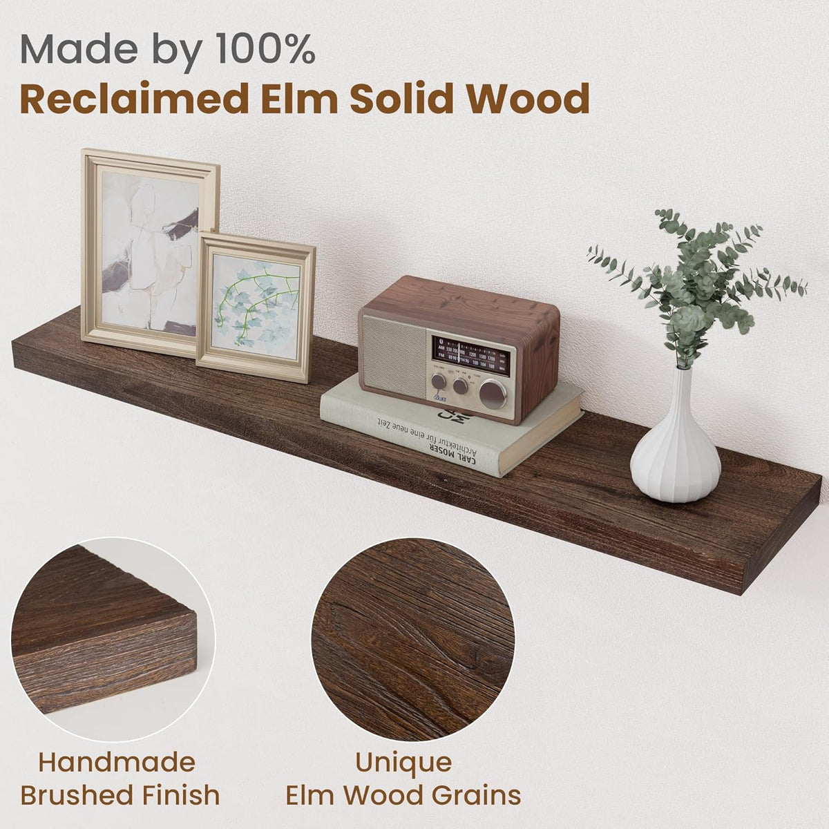 Floating Shelves for Wall Decor, 8 Inch Deep Rustic Solid Elm Wood Floating Shelves Wall Mounted