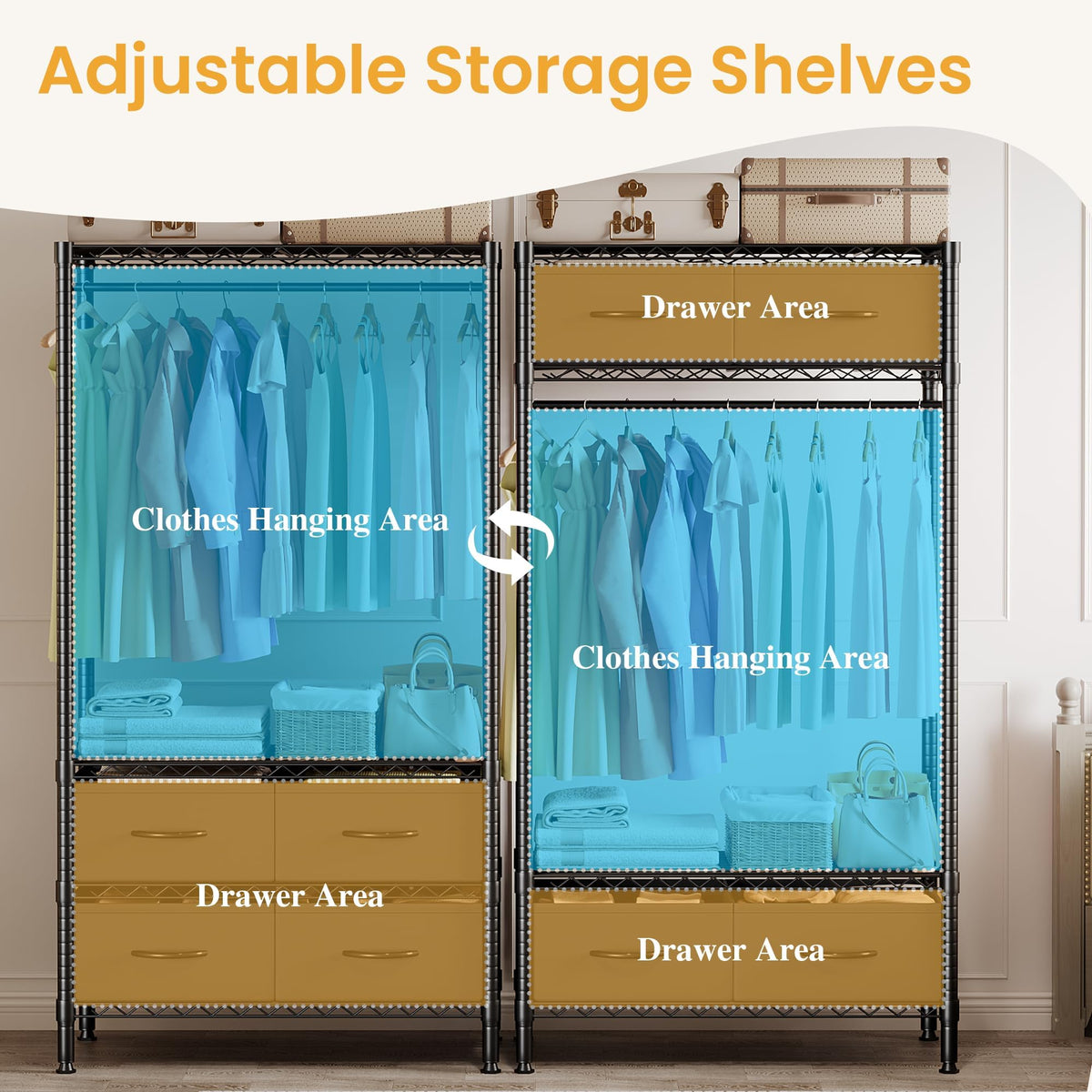 Garvee Freestanding Clothes Rack with Drawers and Adjustable Shelves