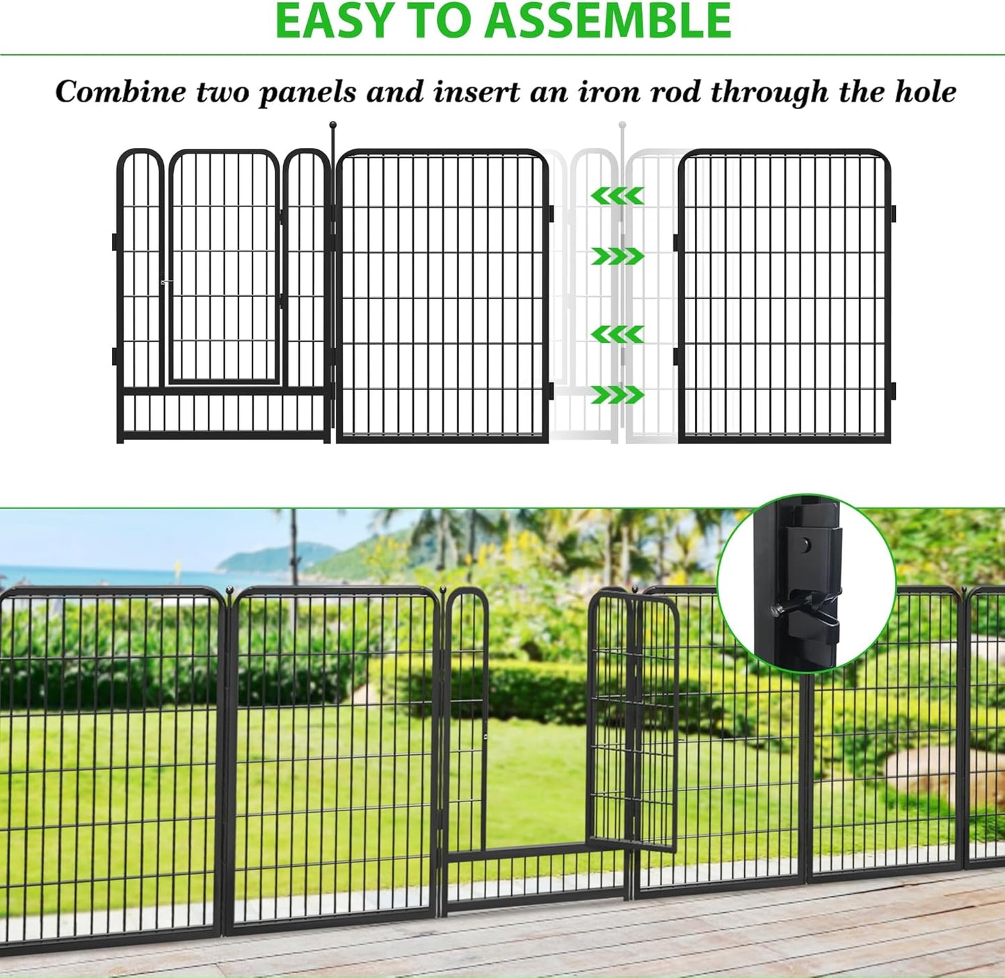 Decorative Black Metal Fencing Garden Fence with Gate, 67ft(L) 40in(H) 30 Fence Panels No Dig Fence