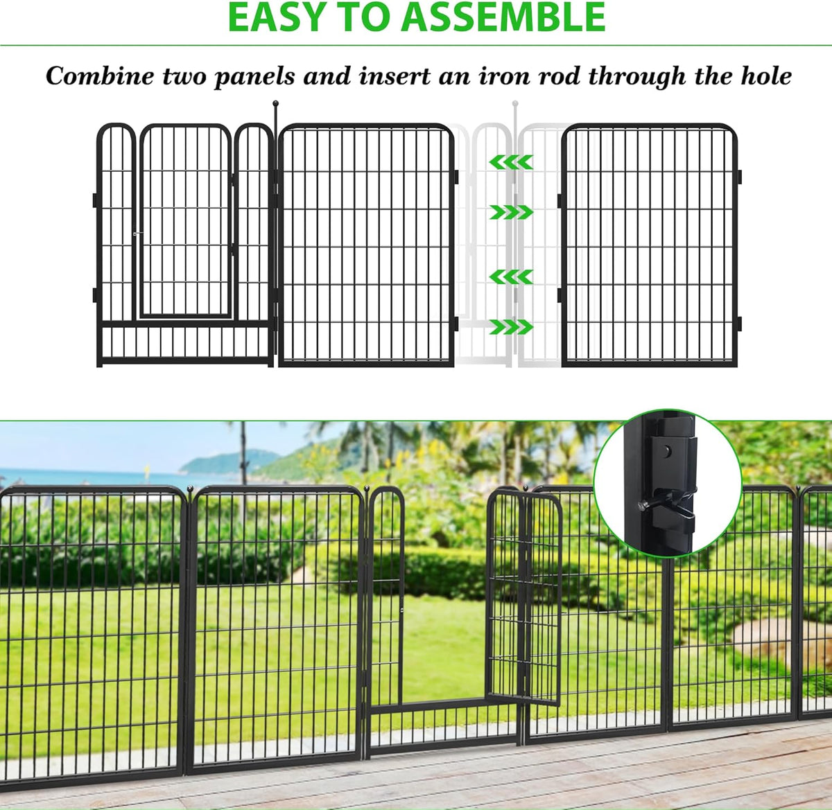Decorative Black Metal Fencing Garden Fence with Gate, 67ft(L) 40in(H) 30 Fence Panels No Dig Fence