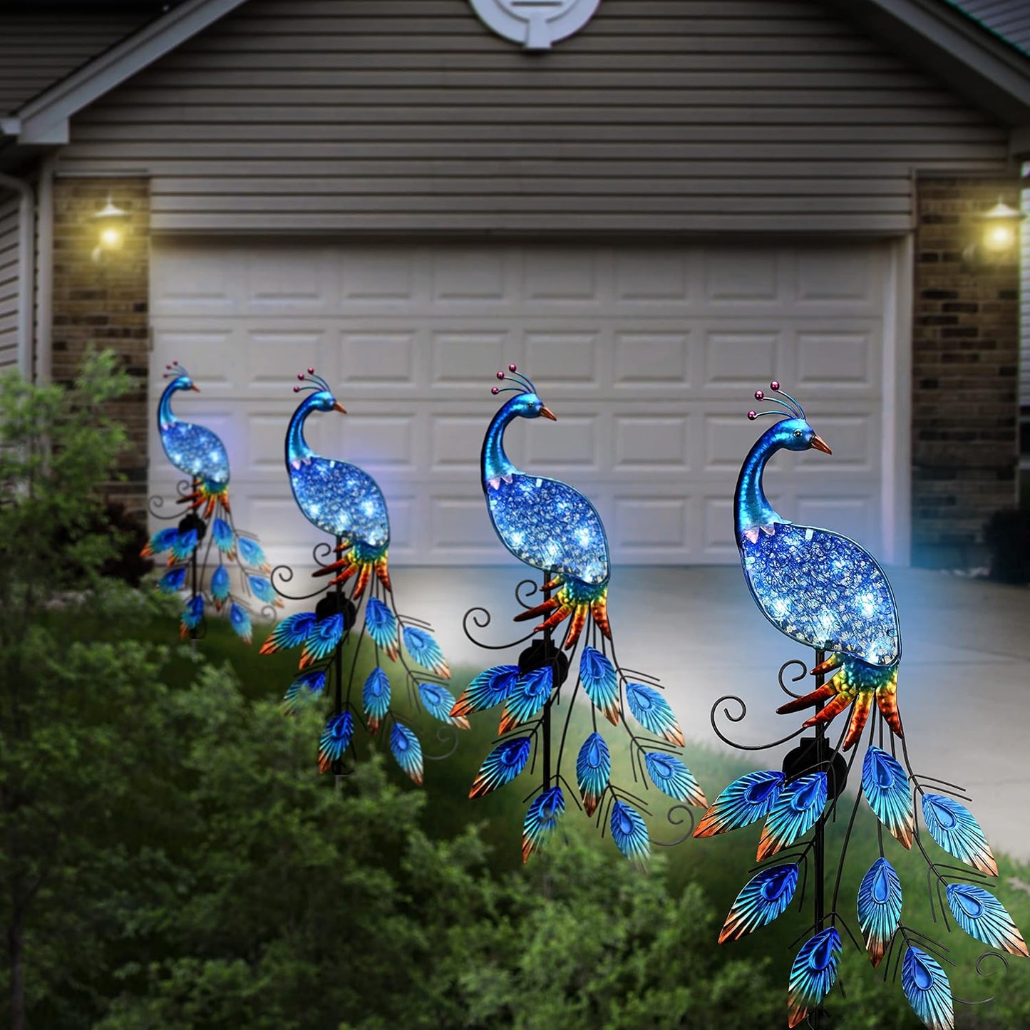 TERESA'S COLLECTIONS Garden Decor Blue Peacock with Solar Outdoor Lights, 40" Glass Yard Art for