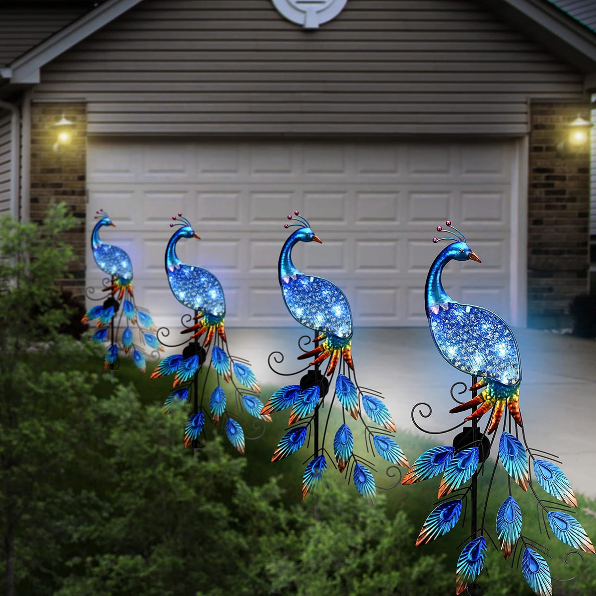 TERESA'S COLLECTIONS Garden Decor Blue Peacock with Solar Outdoor Lights, 40" Glass Yard Art for