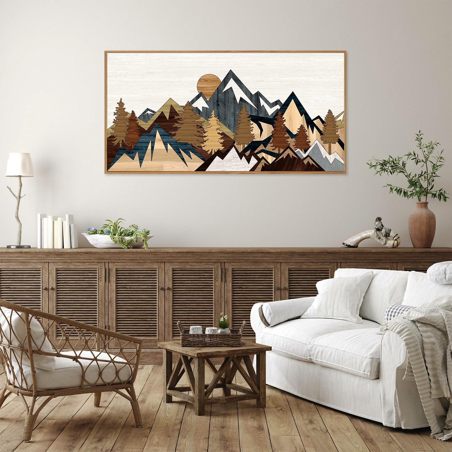 SIGNINART Large Mountain Framed Canvas Wall Art, Boho Sunrise Wilderness Wall Decor, Vintage Forest