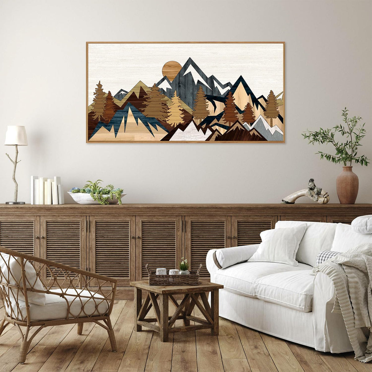 SIGNINART Large Mountain Framed Canvas Wall Art, Boho Sunrise Wilderness Wall Decor, Vintage Forest