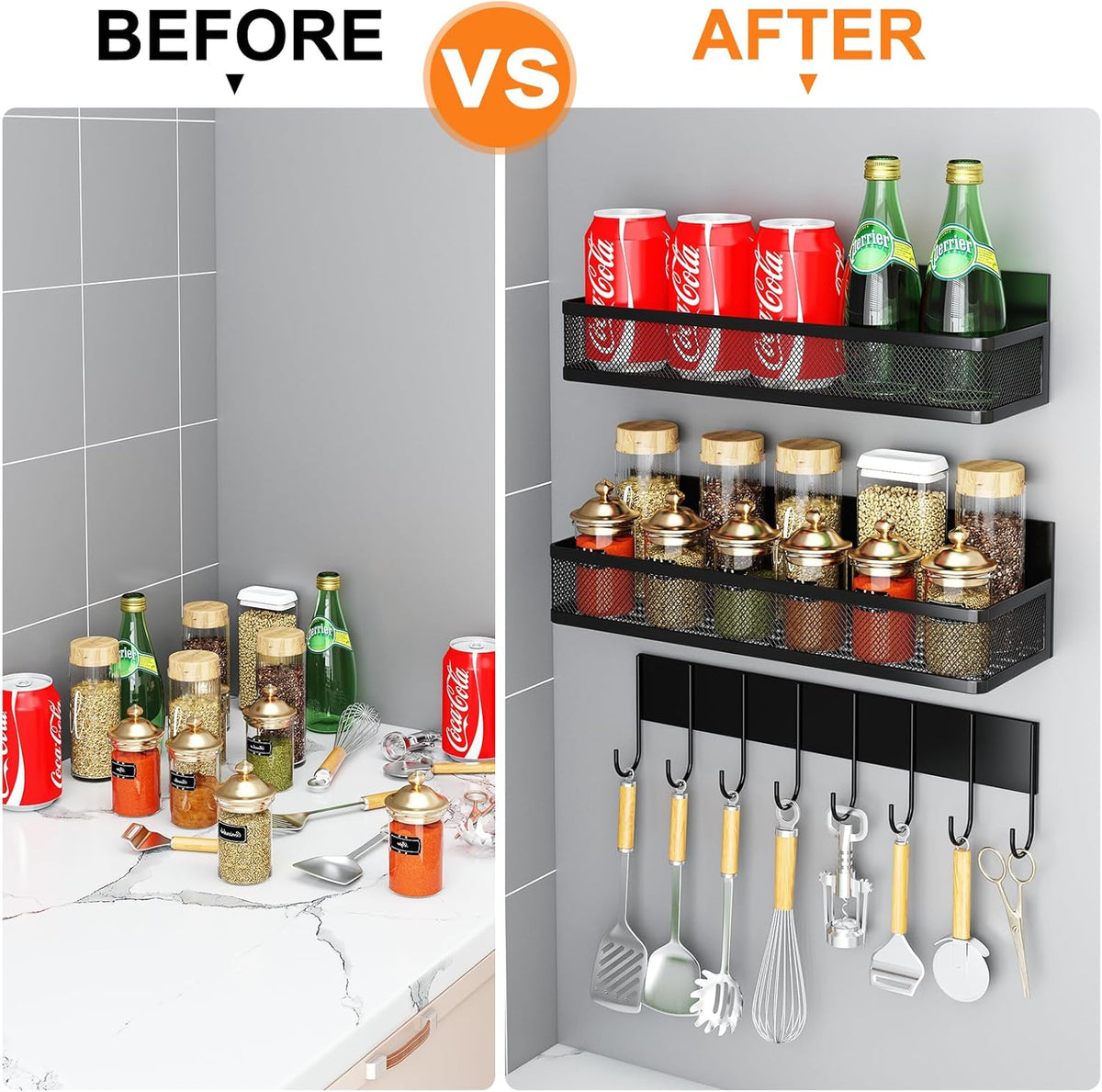 Magnetic Spice Rack for Refrigerator, 3 Pack Magnetic Shelf, Moveable Fridge Organizer with 8-Hook