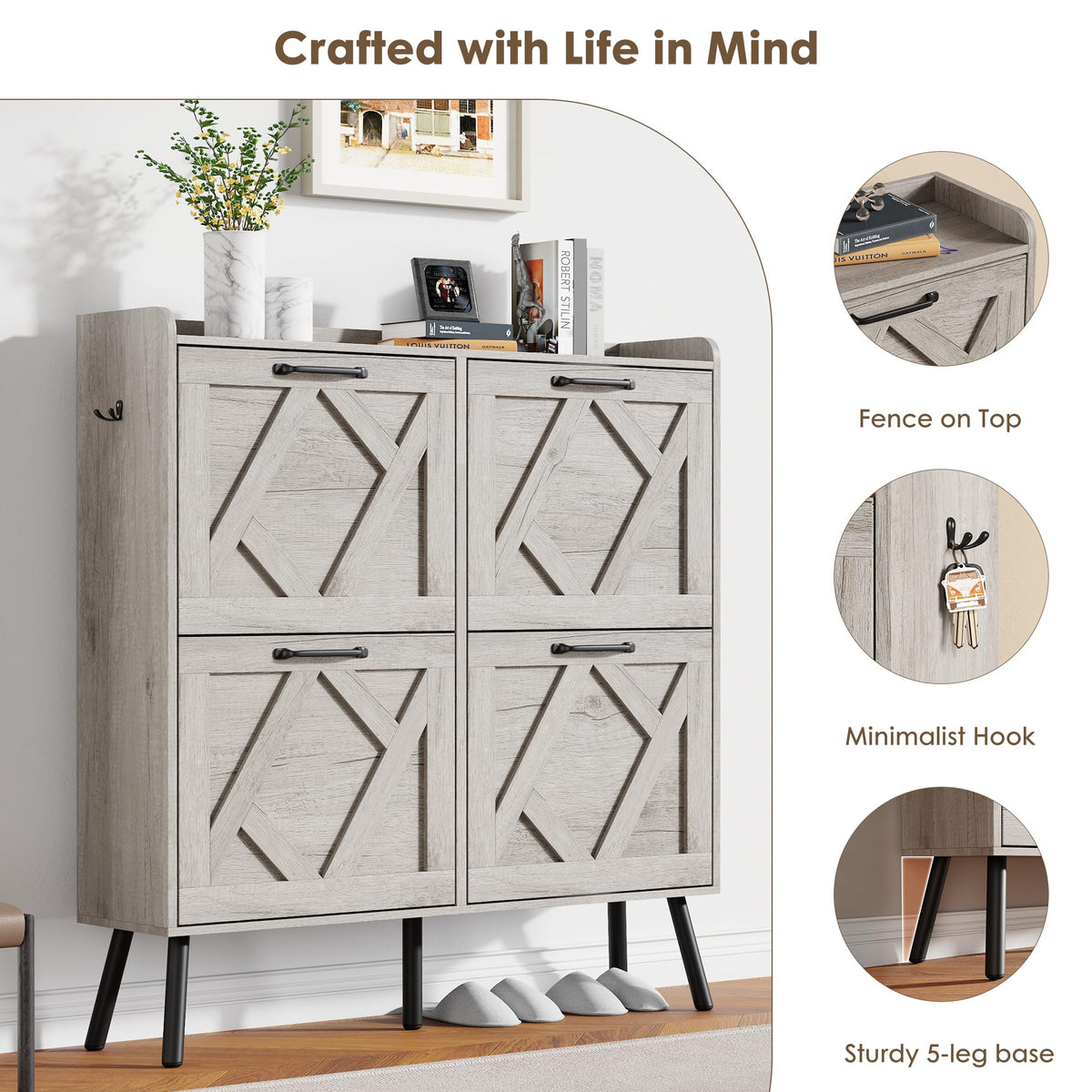 Nicetree Shoe Cabinet with 4 Flip Drawers, Freestanding Shoe Organizer Cabinet, Farmhouse Narrow