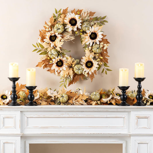 Glitzhome 24''D Artificial Fall Wreath for Front Door, Autumn Wreath with Sunflower, Pumpkin and