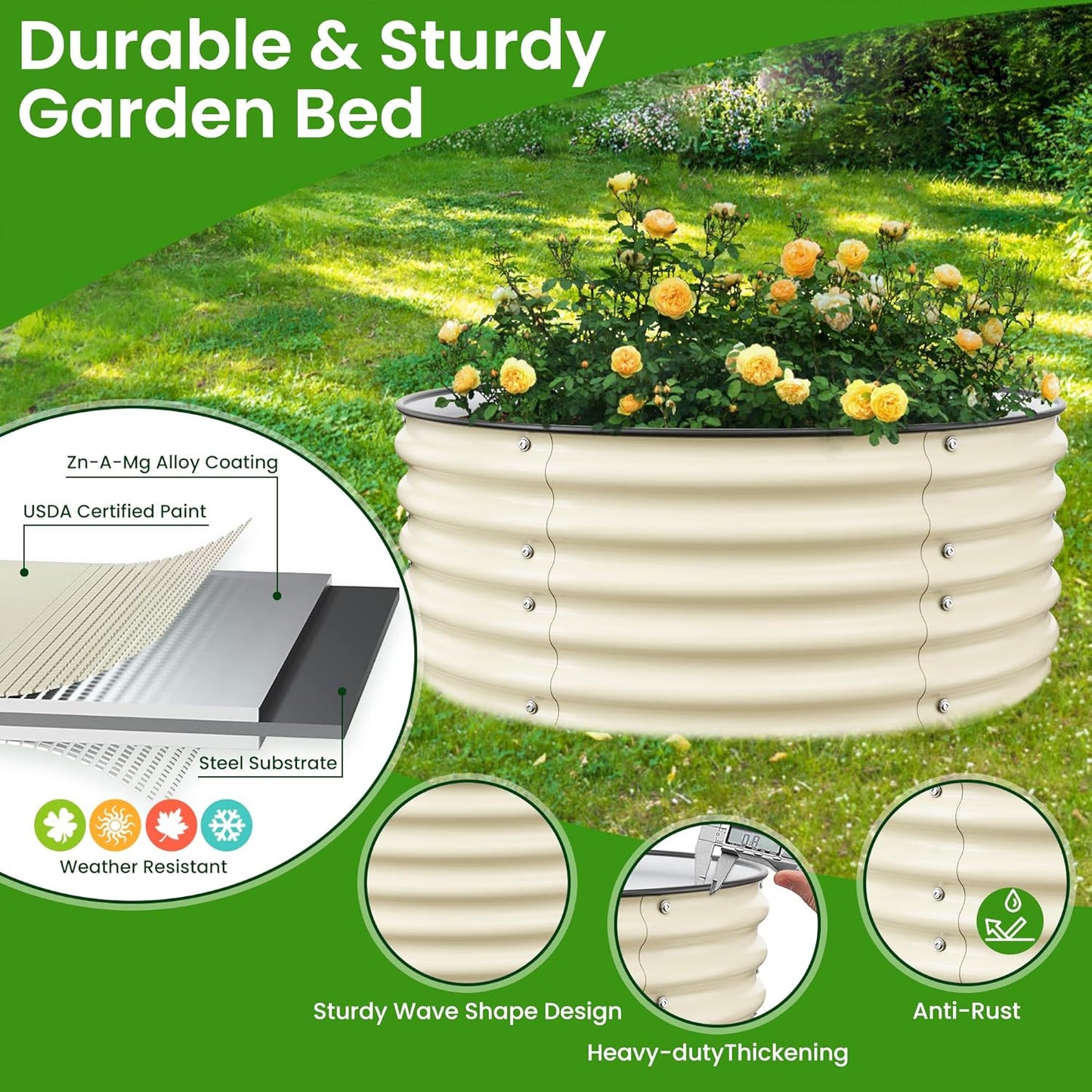 Round Raised Garden Bed Kit, 3.5x3.5x1.4Ft Outdoor Zinc-Aluminum-Magnesium Metal Flower Beds