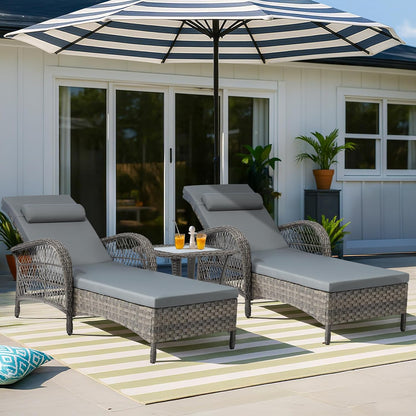 VIVIJASON 3 Pieces Outdoor Wicker Chaise Lounge Chair Set, All-Weather PE Rattan Cushioned Patio