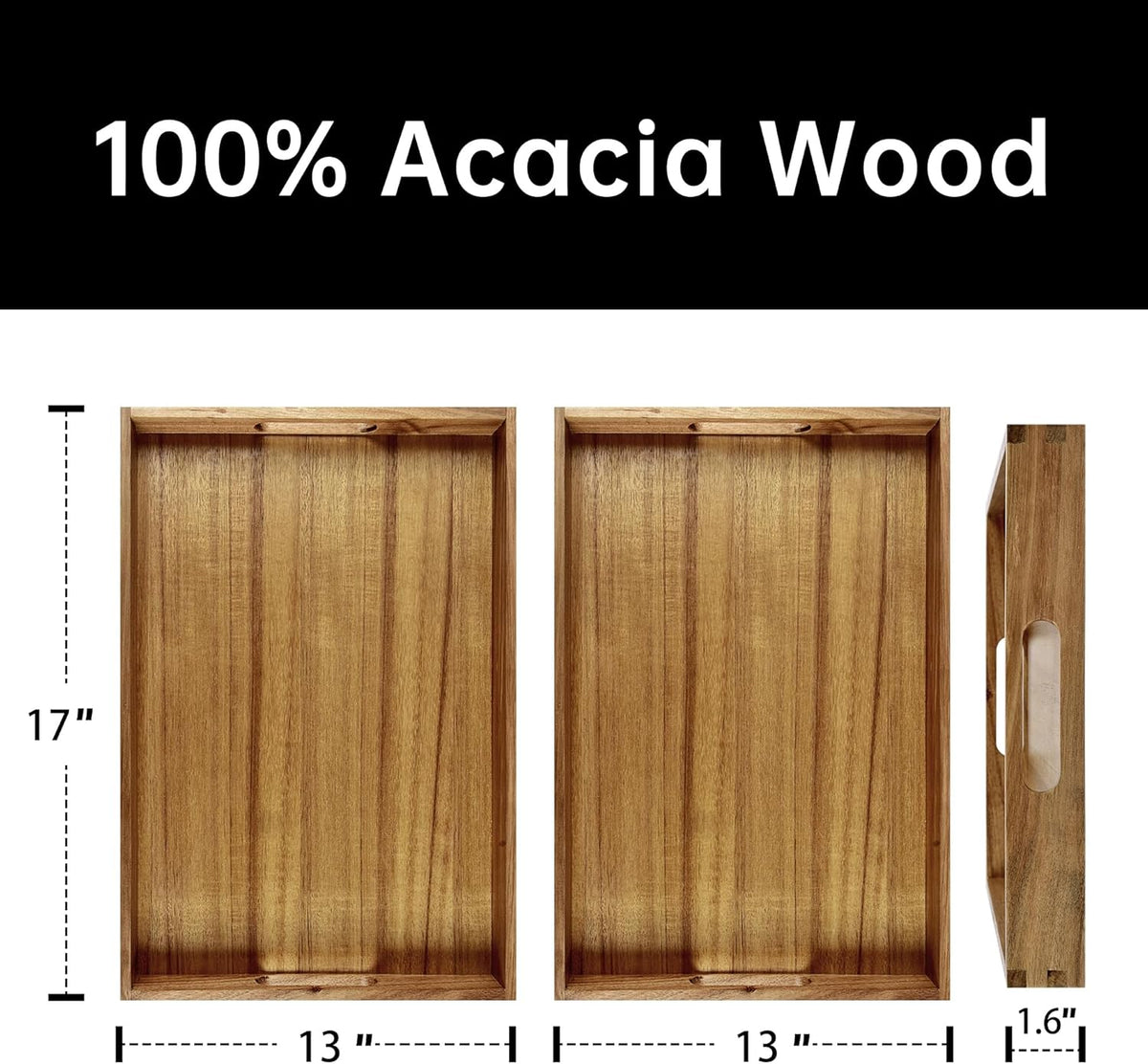 Acacia Wood Serving Tray with Handles (Set of 2)- 17-Inch Decorative Wooden Tray - Perfect for