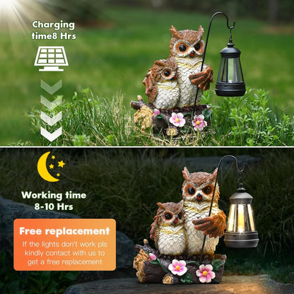 Json Garden Owls Statue with Solar LED Lantern, Loving Owls Family Embrace, Gifts for Mom Yard Art