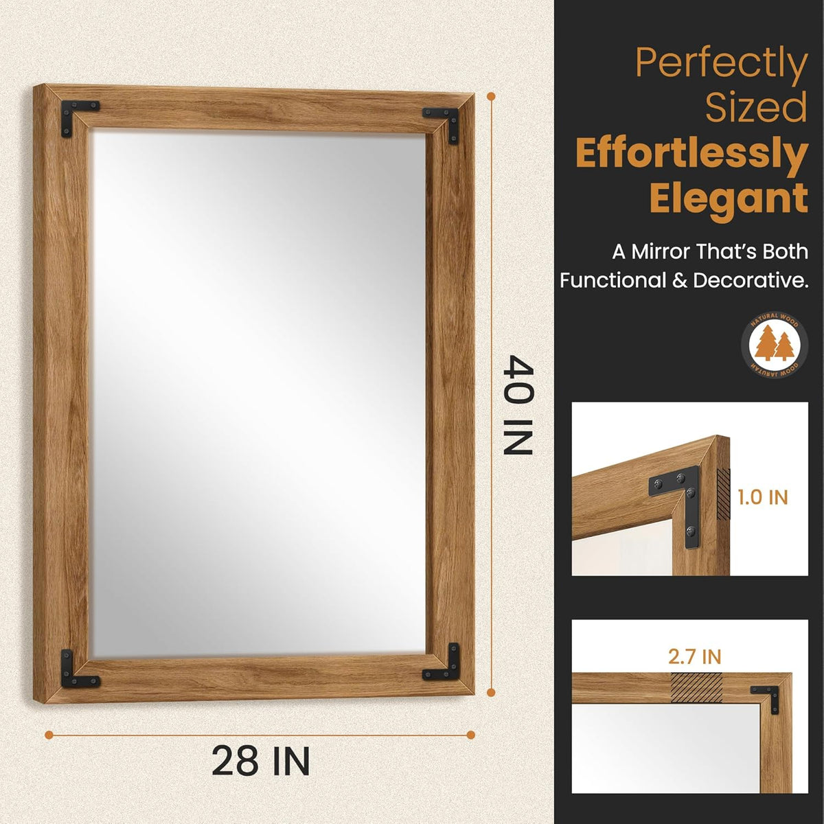 Full Length Mirror with Wooden Frame, 40"X28" Solid Wood Standing Floor Mirror for Farmhouse