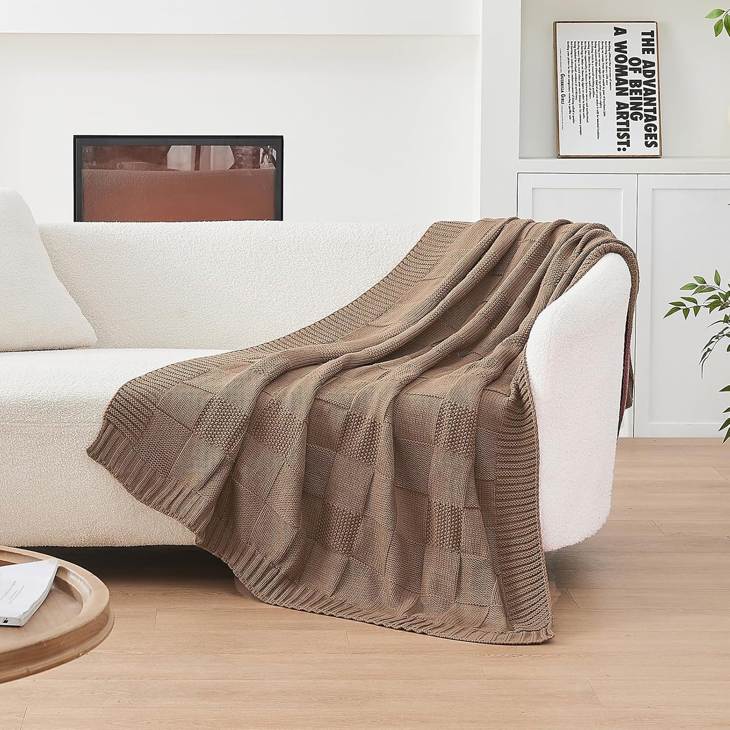 CozeCube Check Knit Throw Blanket, Light Brown Checkered Throw for Couch, Decorative Christmas Soft