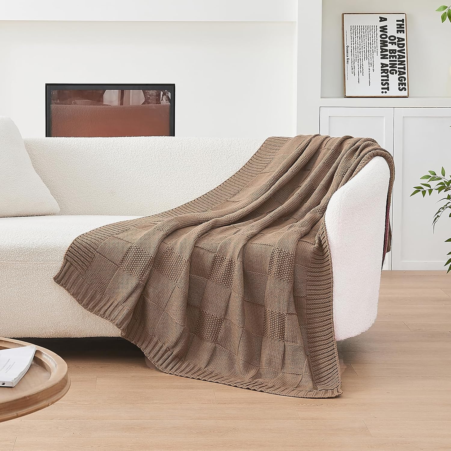 CozeCube Check Knit Throw Blanket, Light Brown Checkered Throw for Couch, Decorative Christmas Soft