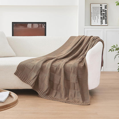 CozeCube Check Knit Throw Blanket, Light Brown Checkered Throw for Couch, Decorative Christmas Soft