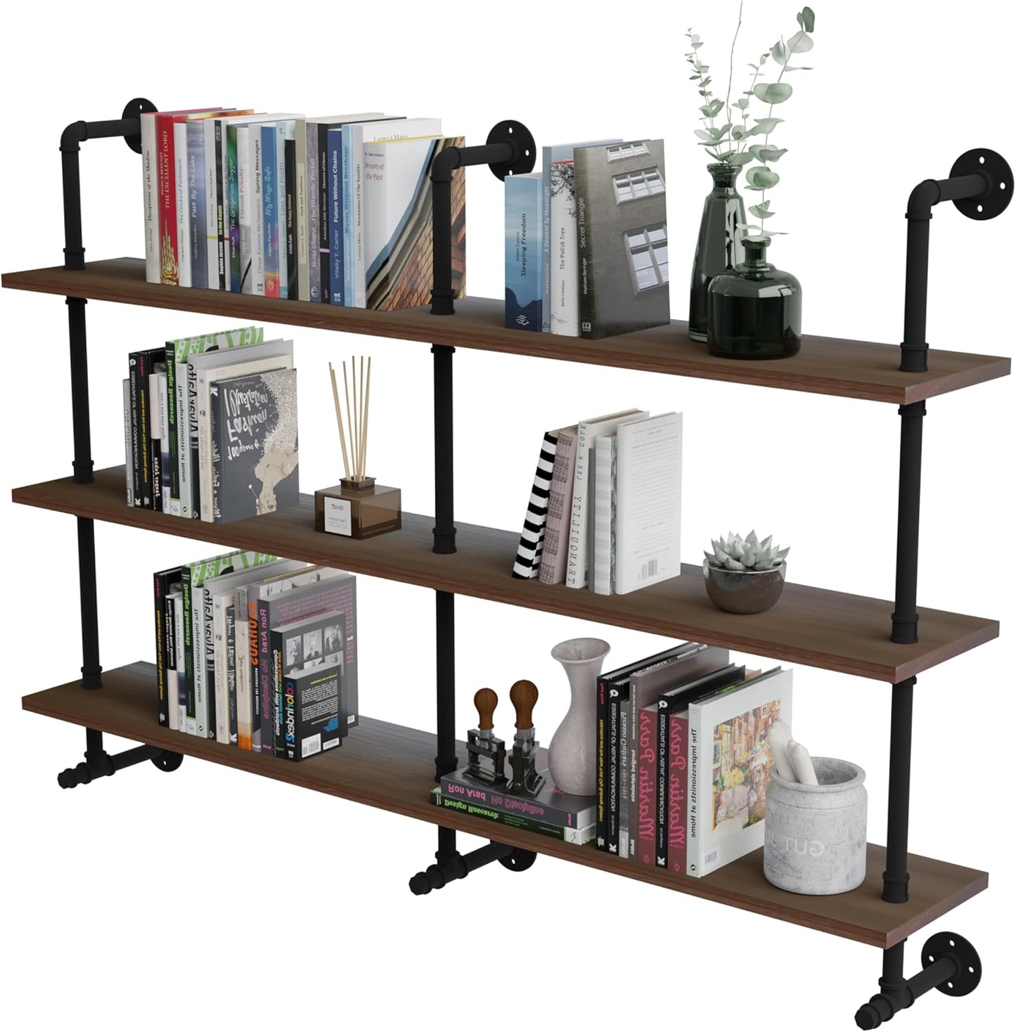 ROGMARS Industrial Pipe Wall Shelves Pipe Shelving,Natural Wood 60 Inches Long Walnut Floating