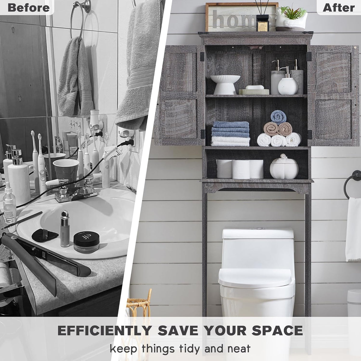 Over The Toilet Storage Cabinet, Farmhouse Bathroom Cabinet with Adjustable Shelf & Barn Door, 67"