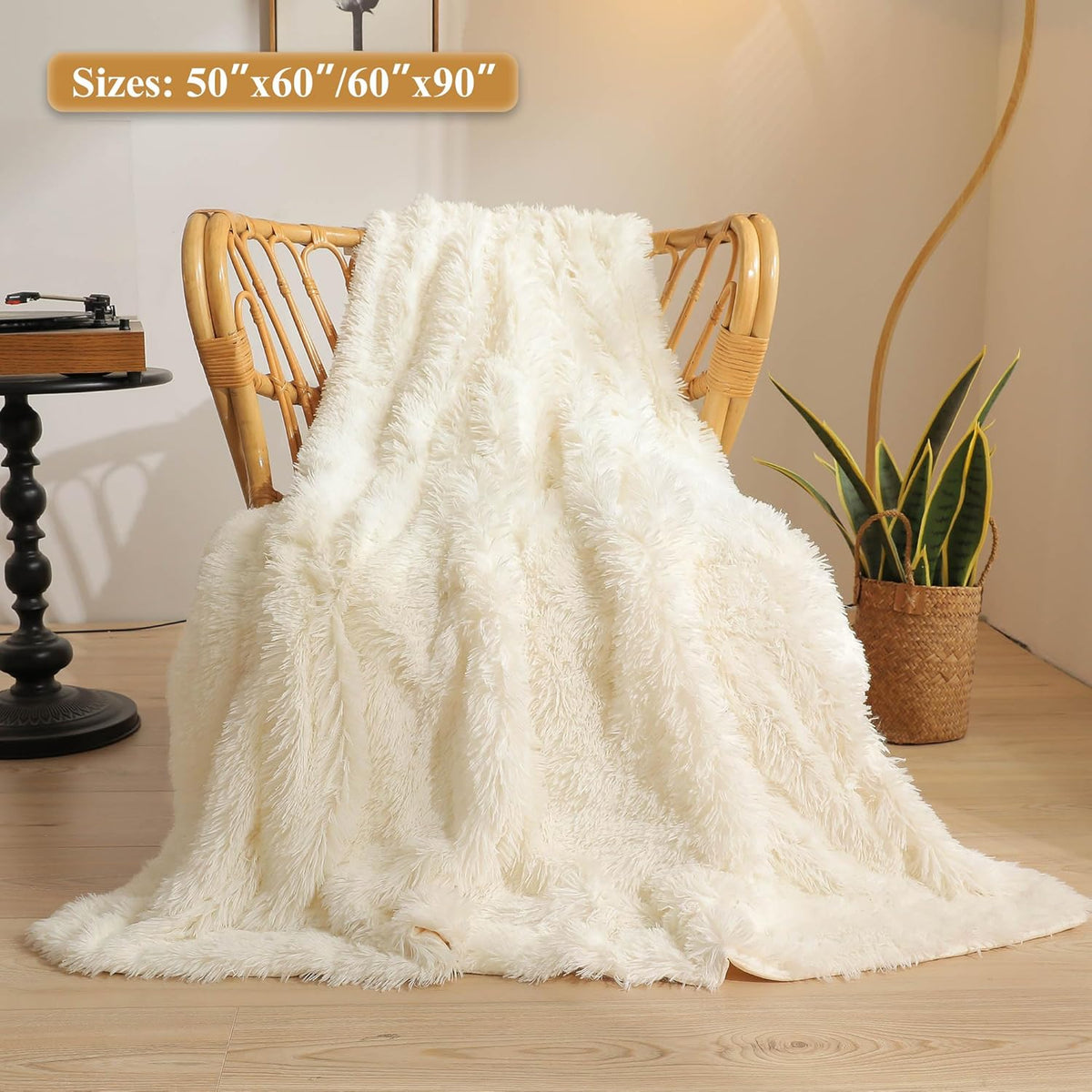 XeGe Luxury Faux Fur Throw, Ivory Soft 50x60 Fluffy Blanket, Ivory Shaggy Plush Decorative Couch