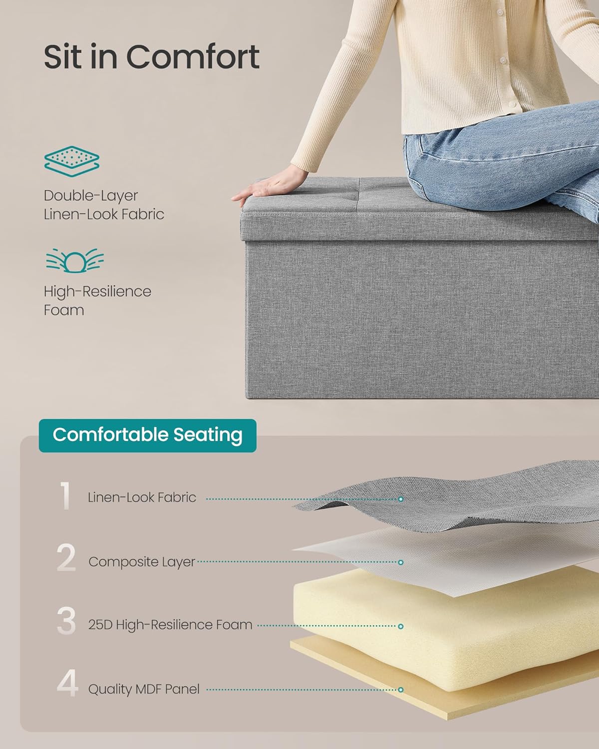 SONGMICS MAZIE Collection - 43 Inches Folding Storage Ottoman Bench, Ottoman Foot Rest, End of Bed