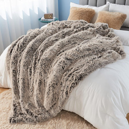 GONAAP Fuzzy Faux Fur Throw Blanket Twin Size Frosty Brown Super Soft Cozy Plush Fuzzy Shaggy
