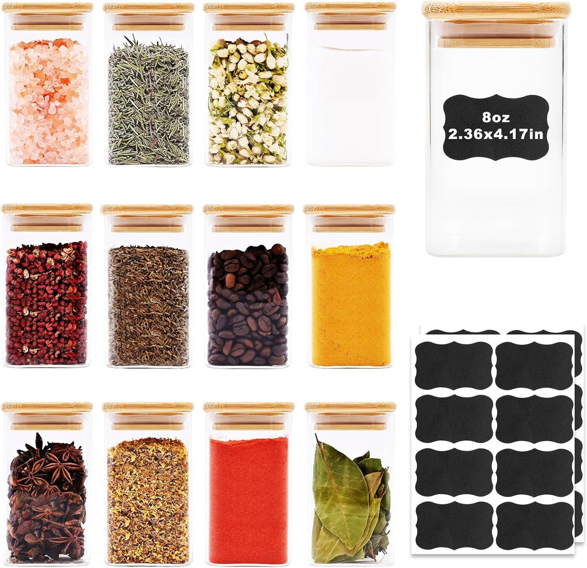 Glass Food Storage Jars Square 8oz, 12 Pack Glass Jars With Bamboo Lids, Kitchen Storage Containers